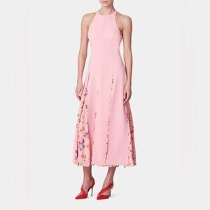 Carolina Herrera Floral-Chiffon Godet Halter Tea-Length Dress